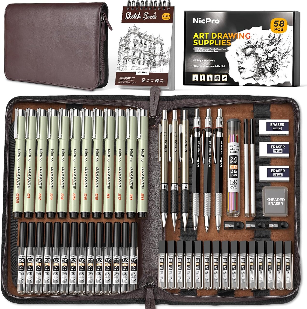 58-Piece Art Drawing Kit in Leather Case – Mechanical Pencil Set with 6 Drafting Pencils, 12 Micron Pens, Sketchbook, 30+ Tube Lead Refills for Sketching & Drawing (Black)